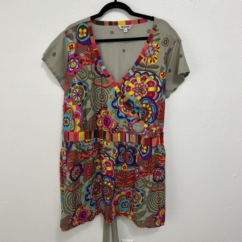 Joe Browns Colorful Floral Faux Wrap Tunic Top Back Tie Sz 28  Bold Kaleidoscope